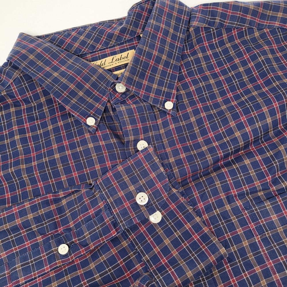 Roundtree & Yorke Button Down Mens 2X Blue Plaid Fair Gold Label Non-Iron Cotton
